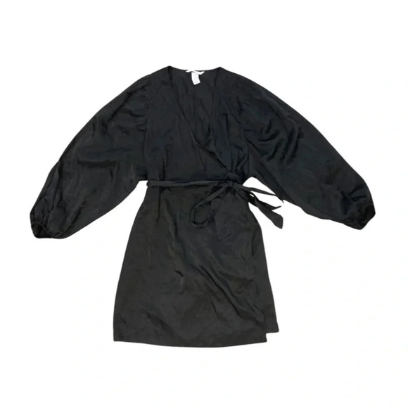 H&M Satin Ballon Sleeve Wrap-Front Dress | Black | Size S | Witchy, Whimsy Goth - Picture 2 of 7